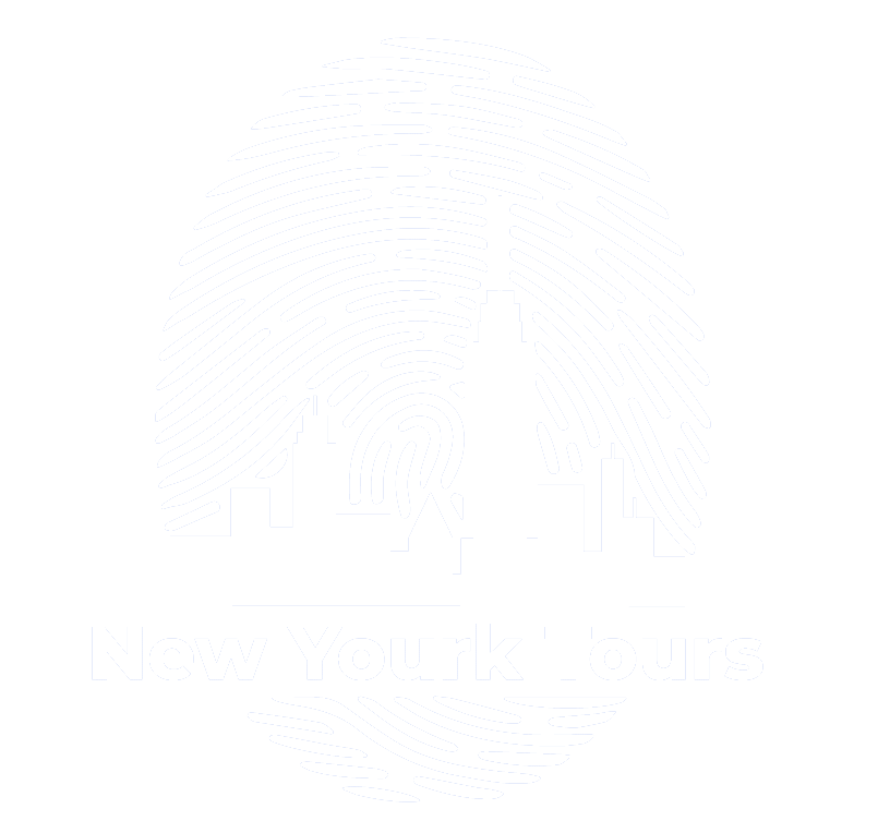 New Yourk Tours logo white - fingerprint with intersecting NYC skyline and the words new yourk tours